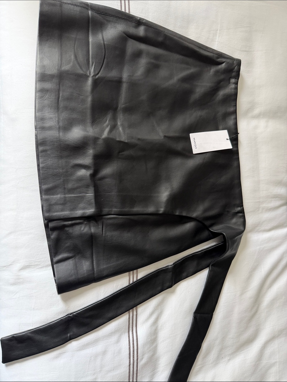 Mango Black Faux Leather Mini Skirt with Long Tie